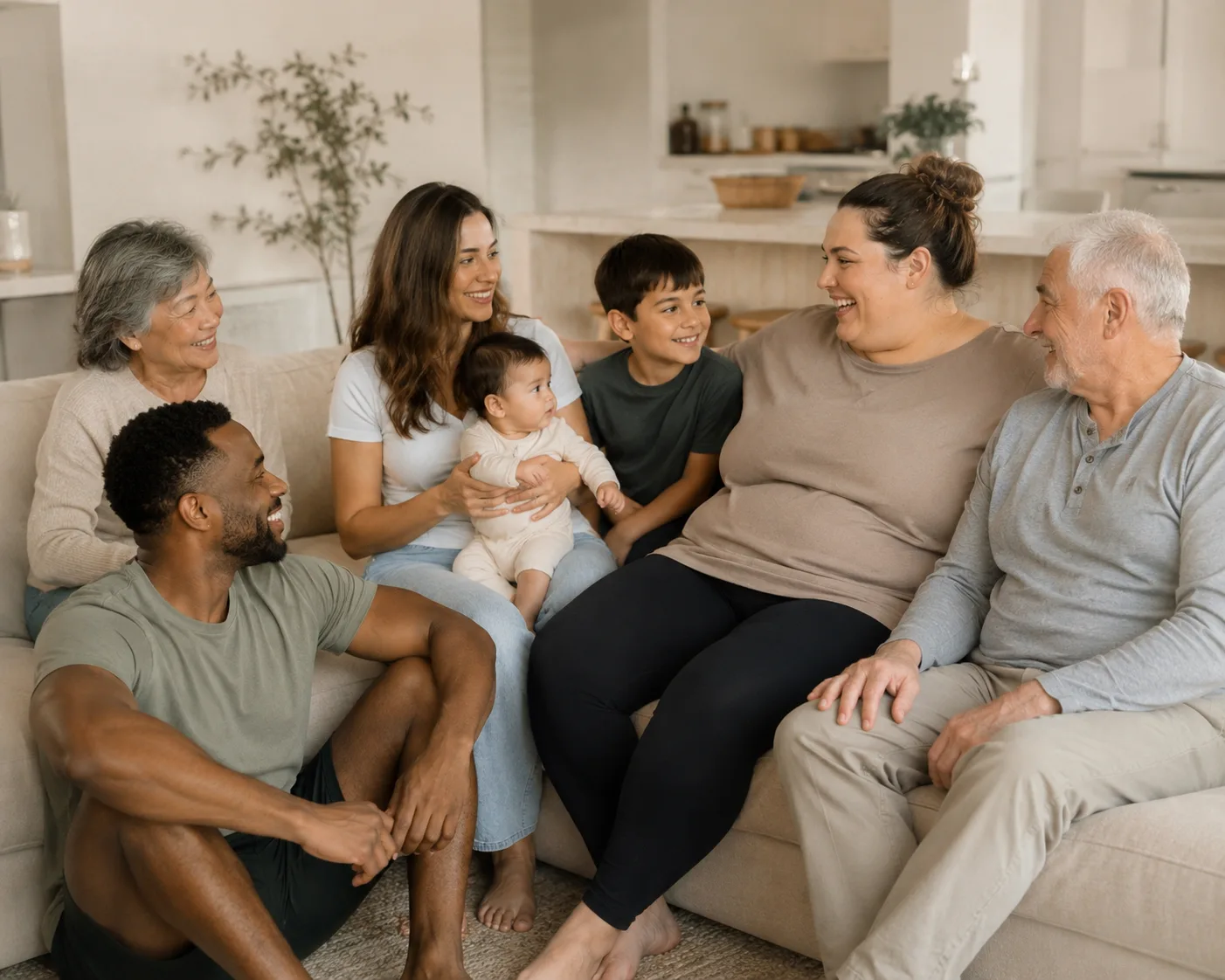 A multigenerational family gathered together on a couch, laughing.