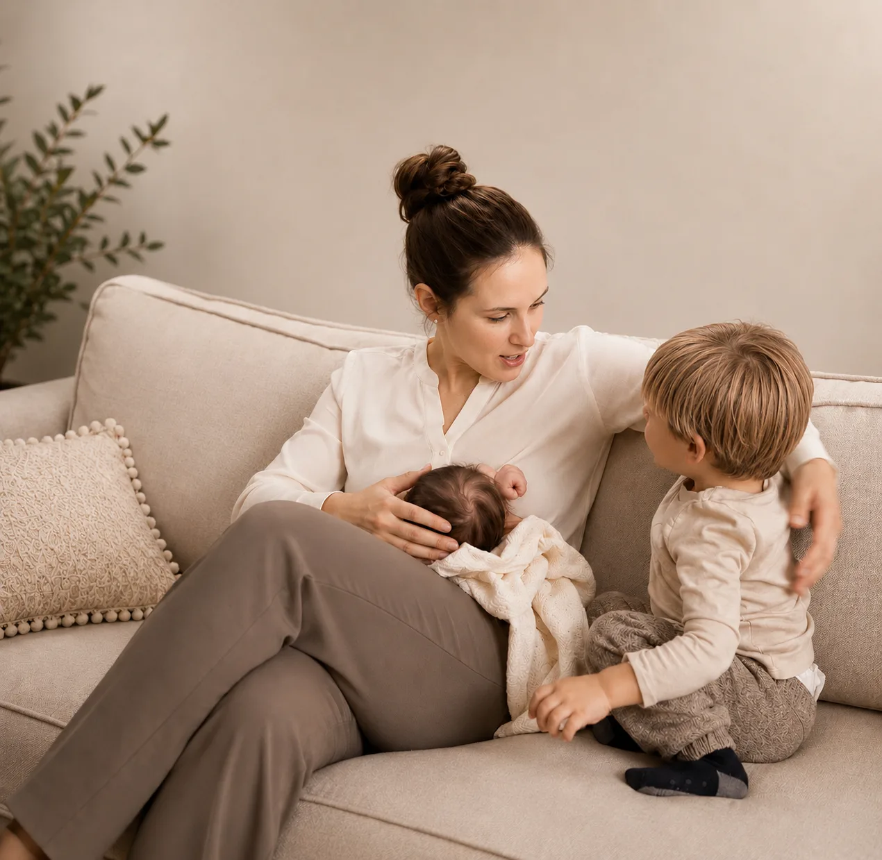 A parent sitting with a baby and a young child on a couch.