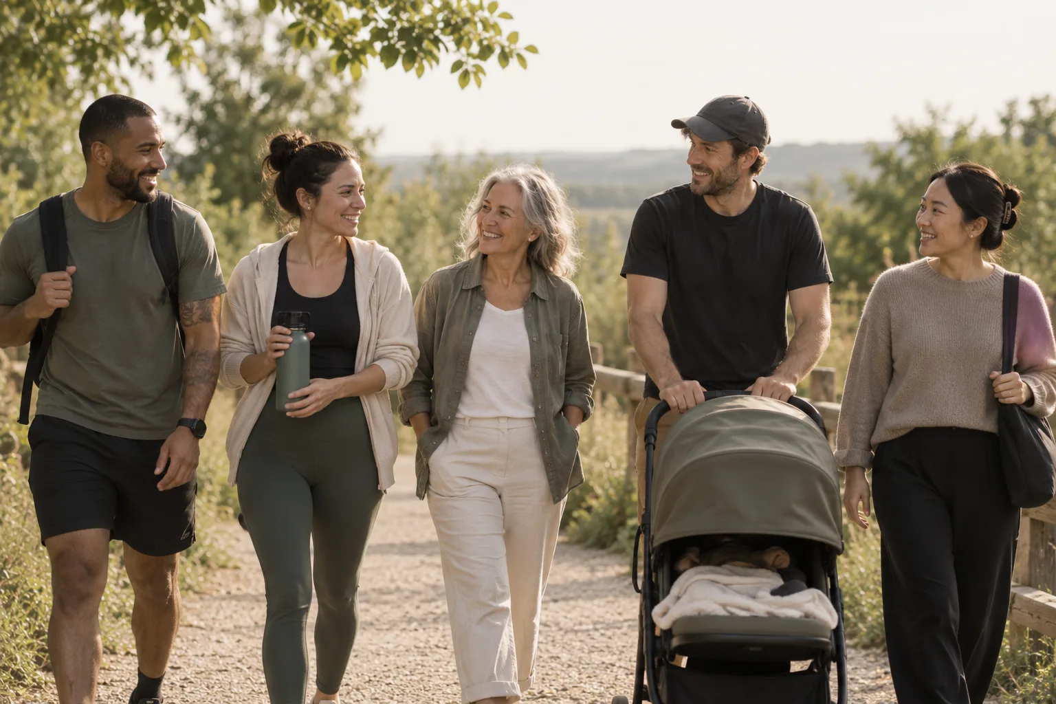 A multigenerational group walking together outdoors, one pushing a stroller.